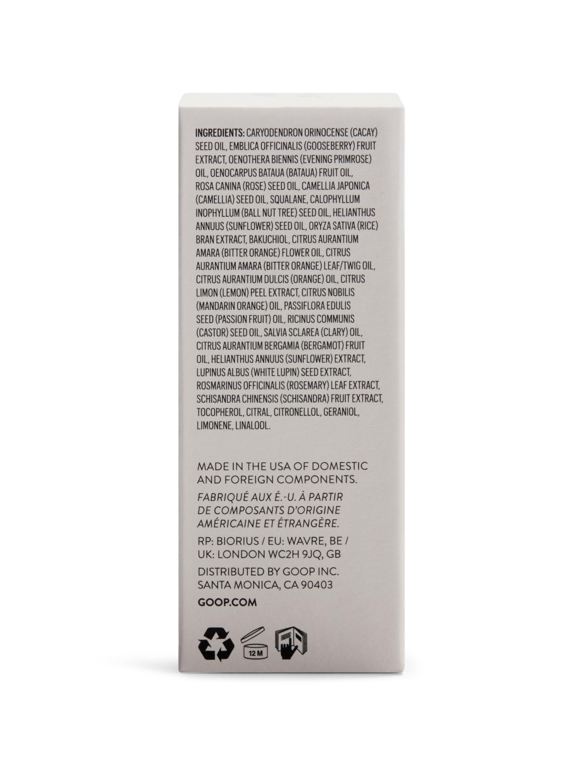 goop nutrient face oil label closeup showing ingredient list, reassures clean formulation