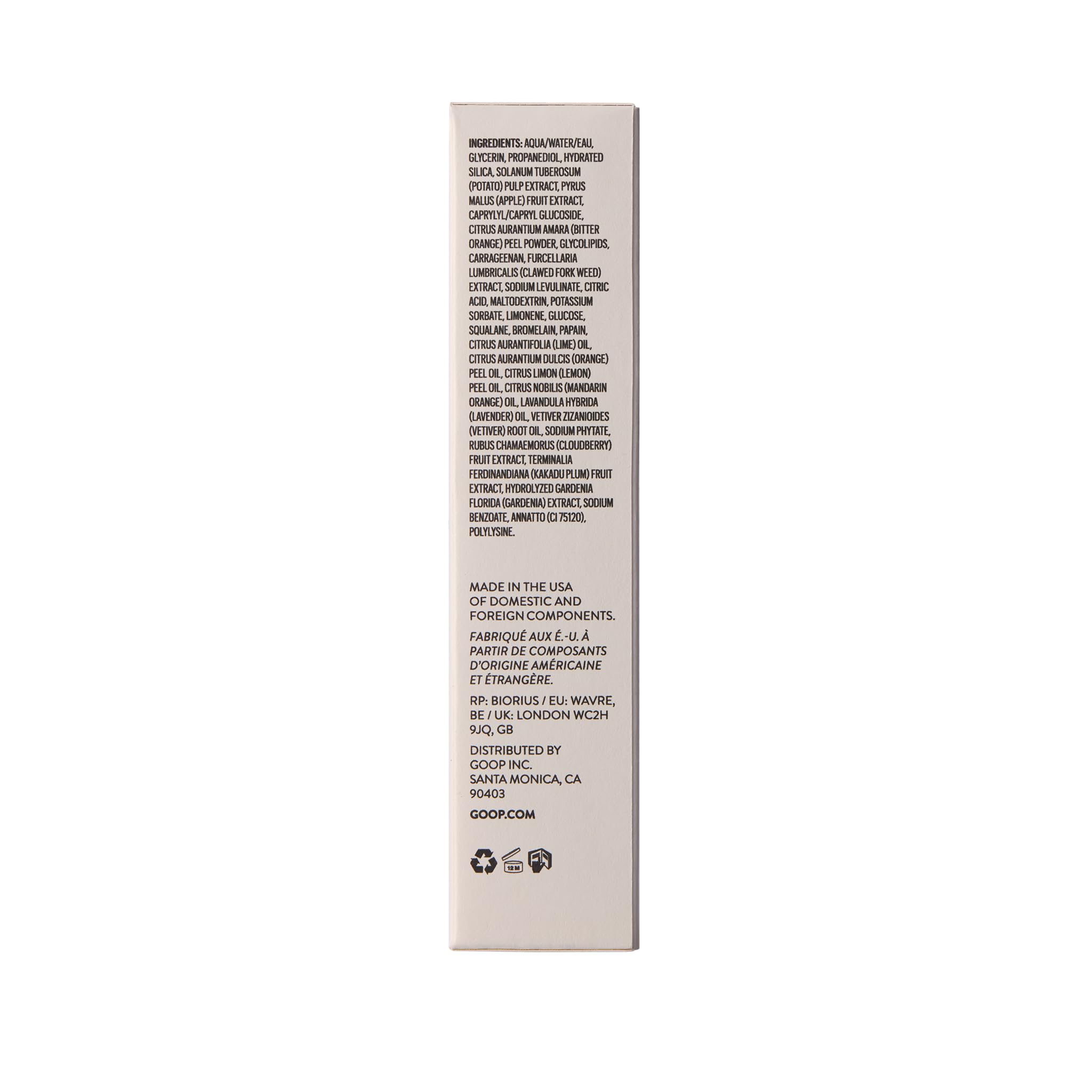 goop scale with 4 fl oz bottle beside natural ingredient visuals for transparency
