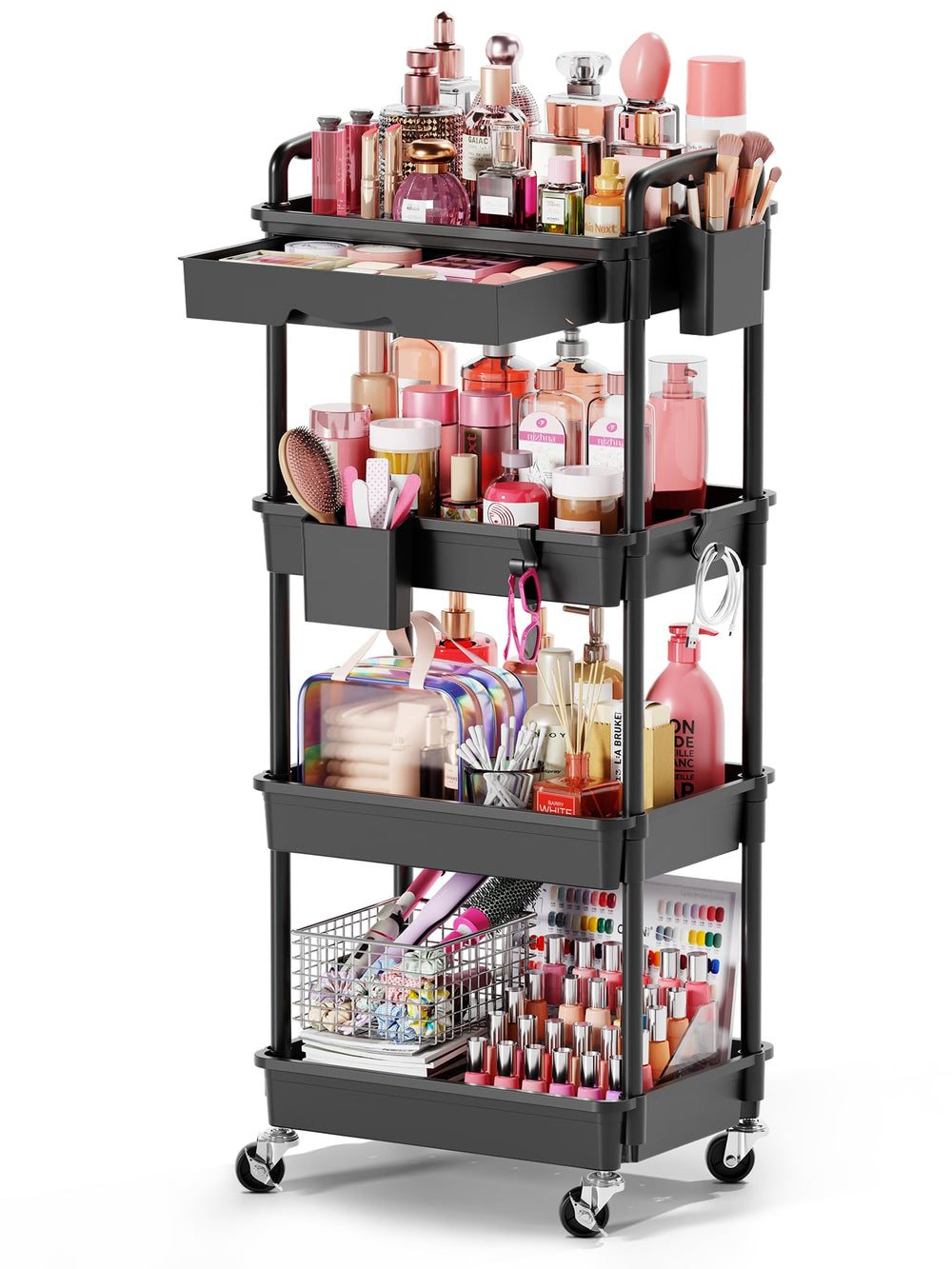 Goovilla front view of cart showing shelves and top surface for organized storage