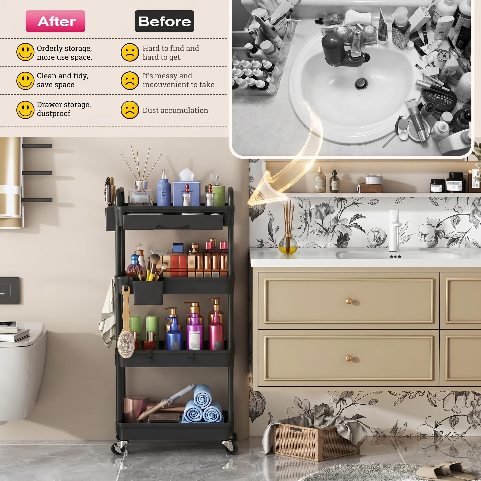 Goovilla cart next to vanity in bedroom showcasing tidy, mobile organization