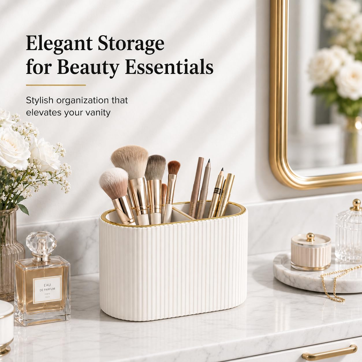 GORESE styled on a bathroom countertop conveying decor-friendly, space-saving benefit