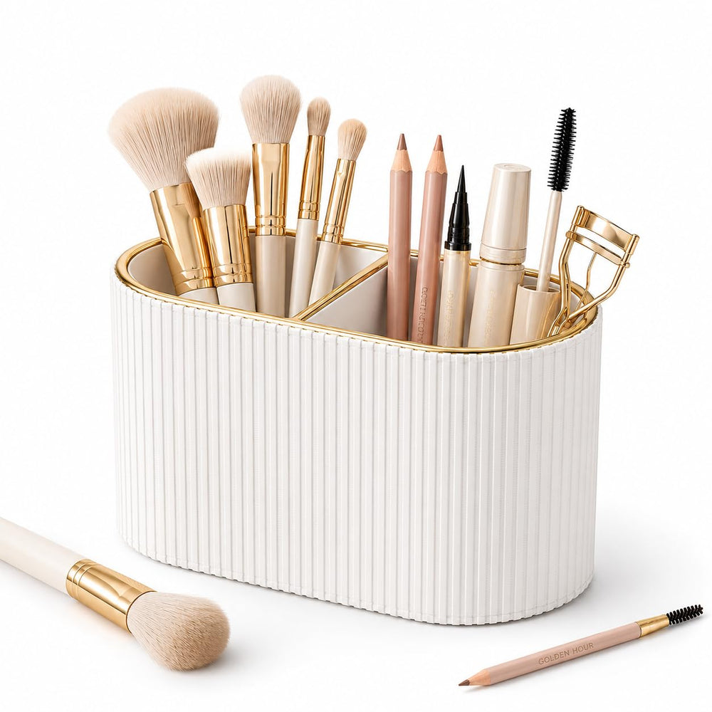 GORESE front view of ivory holder showing neat storage and tidy vanity benefit