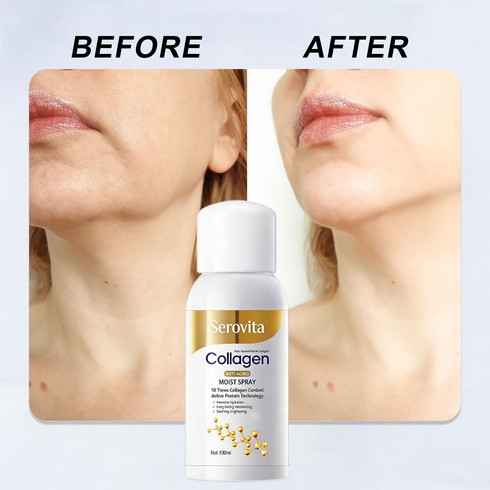 Applying GosBio Serovita spray to arm showing plumping hydration benefit