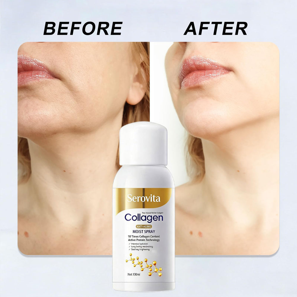 Applying GosBio Serovita spray to arm showing plumping hydration benefit