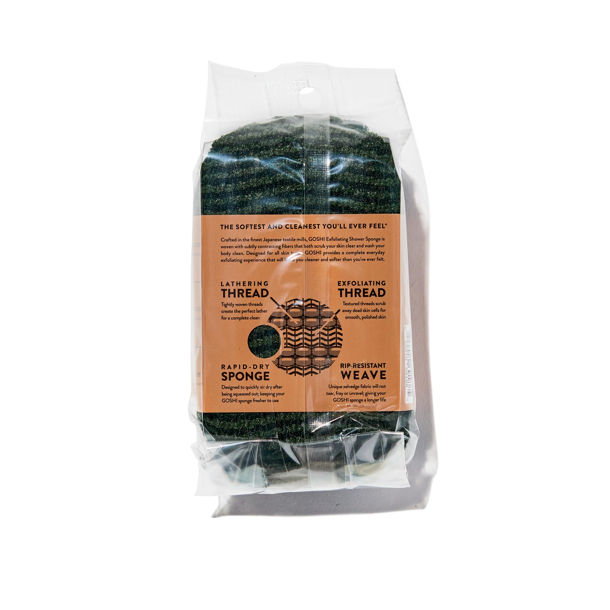 GOSHI close-up of dual-thread weave showing textured fibers for gentle exfoliation benefit