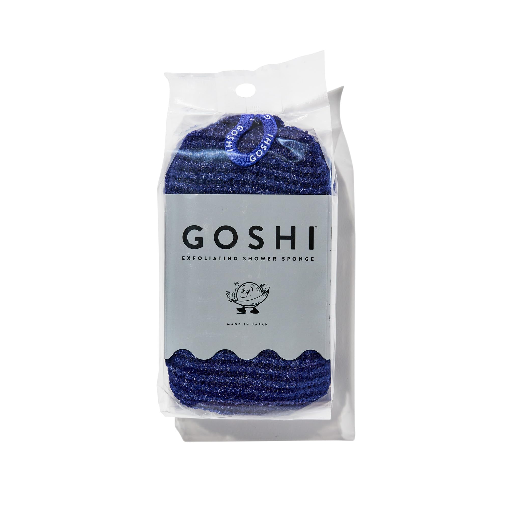 GOSHI front view of indigo sponge showing shape and durable weave for reliable exfoliation