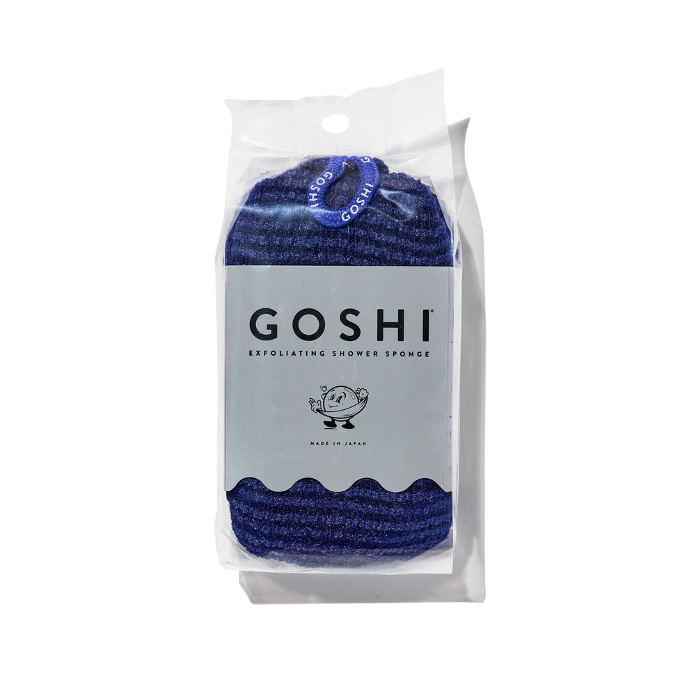 GOSHI front view of indigo sponge showing shape and durable weave for reliable exfoliation
