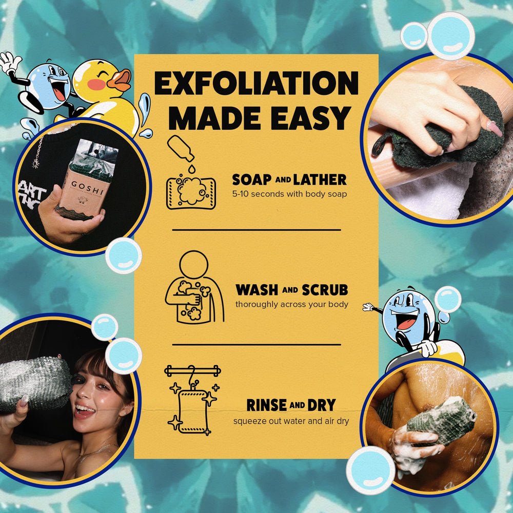 GOSHI sponge in a shower scene beside soap showing everyday use benefit practical styling