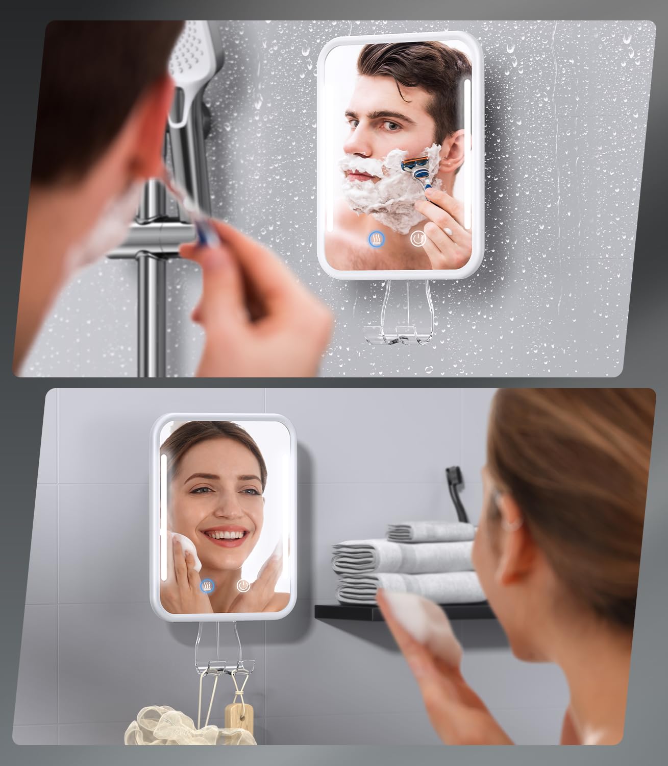 Gospire mirror in shower lifestyle shot showing fog-free grooming convenience