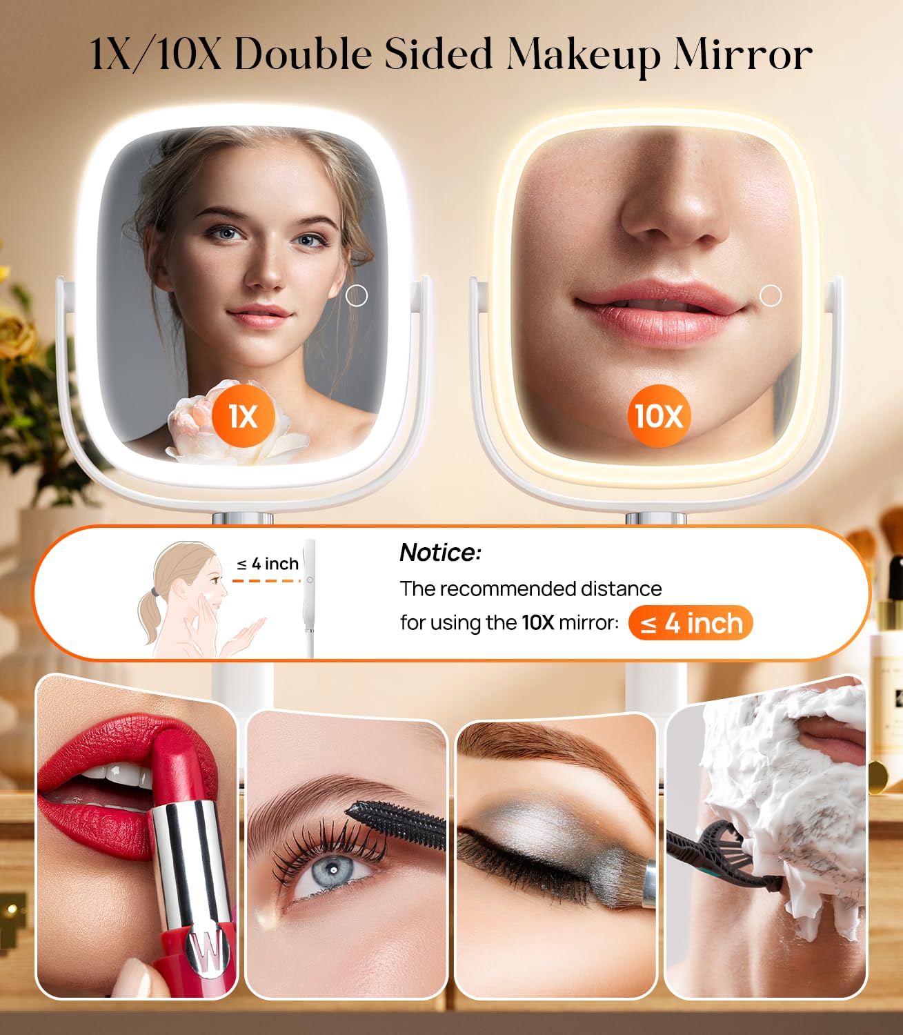 Gospire mirror in vanity setting demonstrating clean lighting for makeup