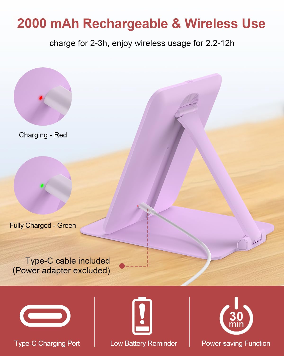 Gospire mirror charging with USB-C and indicator light for fast recharge