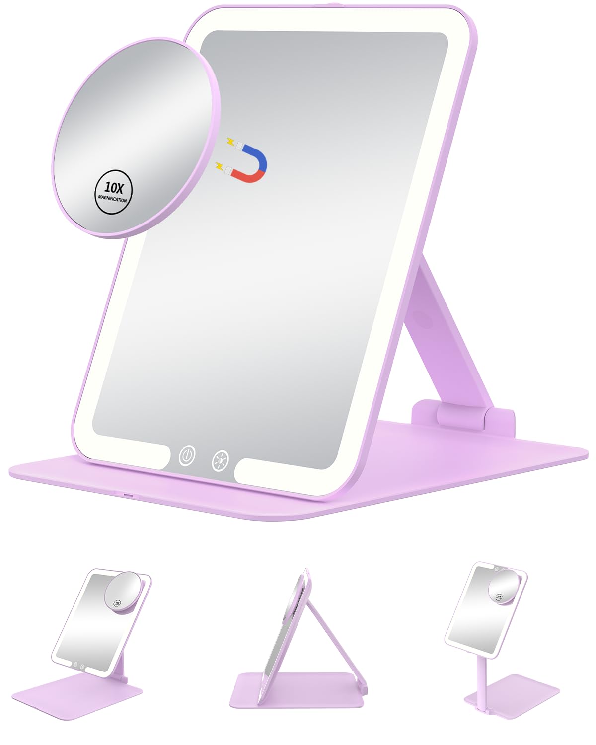 Gospire purple mirror front view showing compact travel design and even lighting