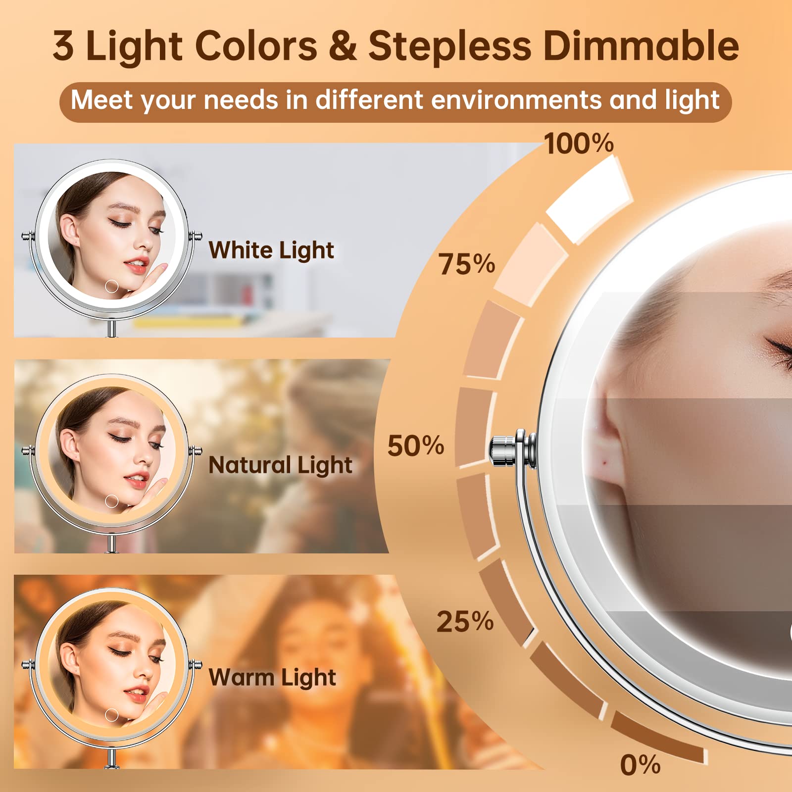 Gospire mirror adjusted to different heights on vanity for comfortable use
