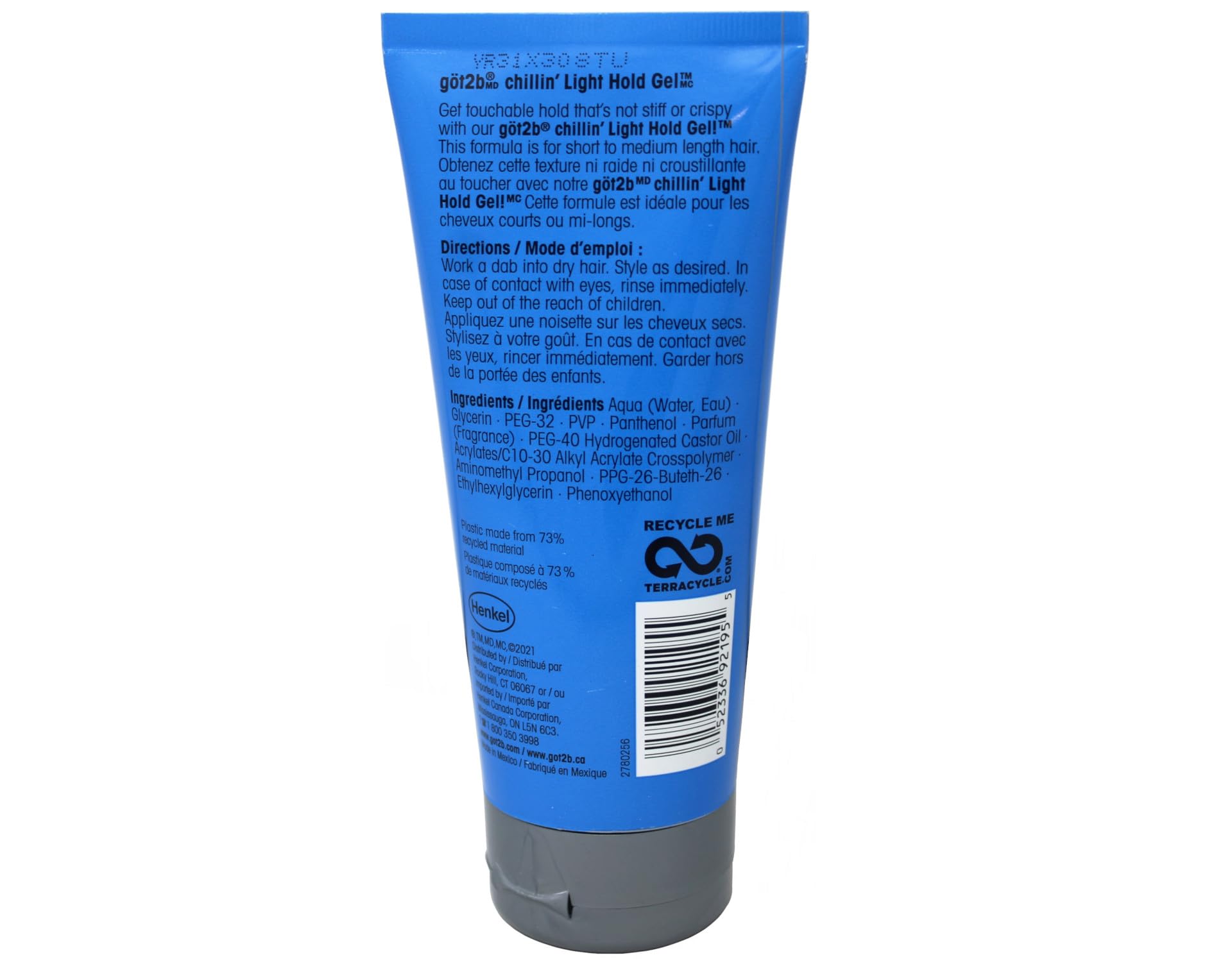 Got2B chillin gel side label detail highlighting product features and directions