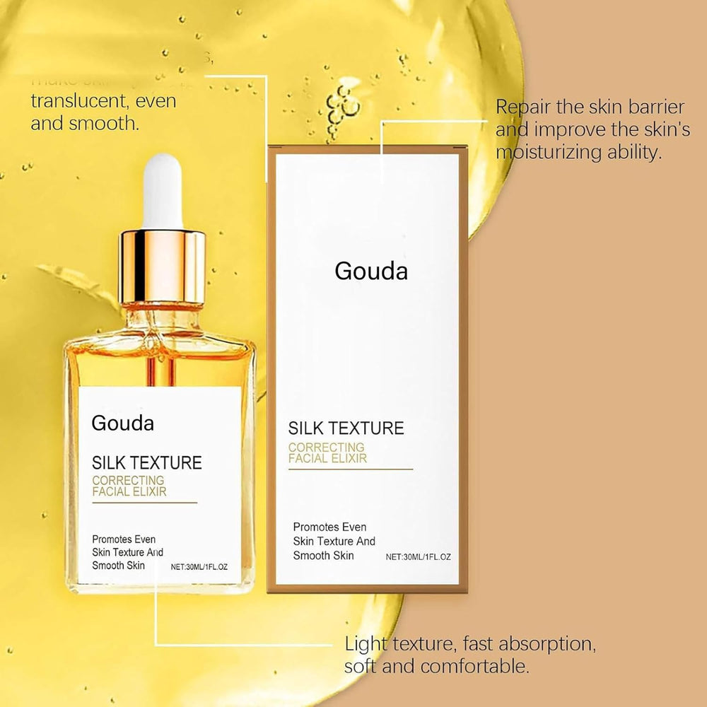 Close-up texture of Gouda Silk Body Oil showing silky finish benefit: fast absorption
