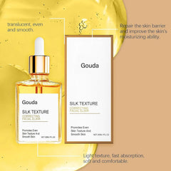 Close-up texture of Gouda Silk Body Oil showing silky finish benefit: fast absorption