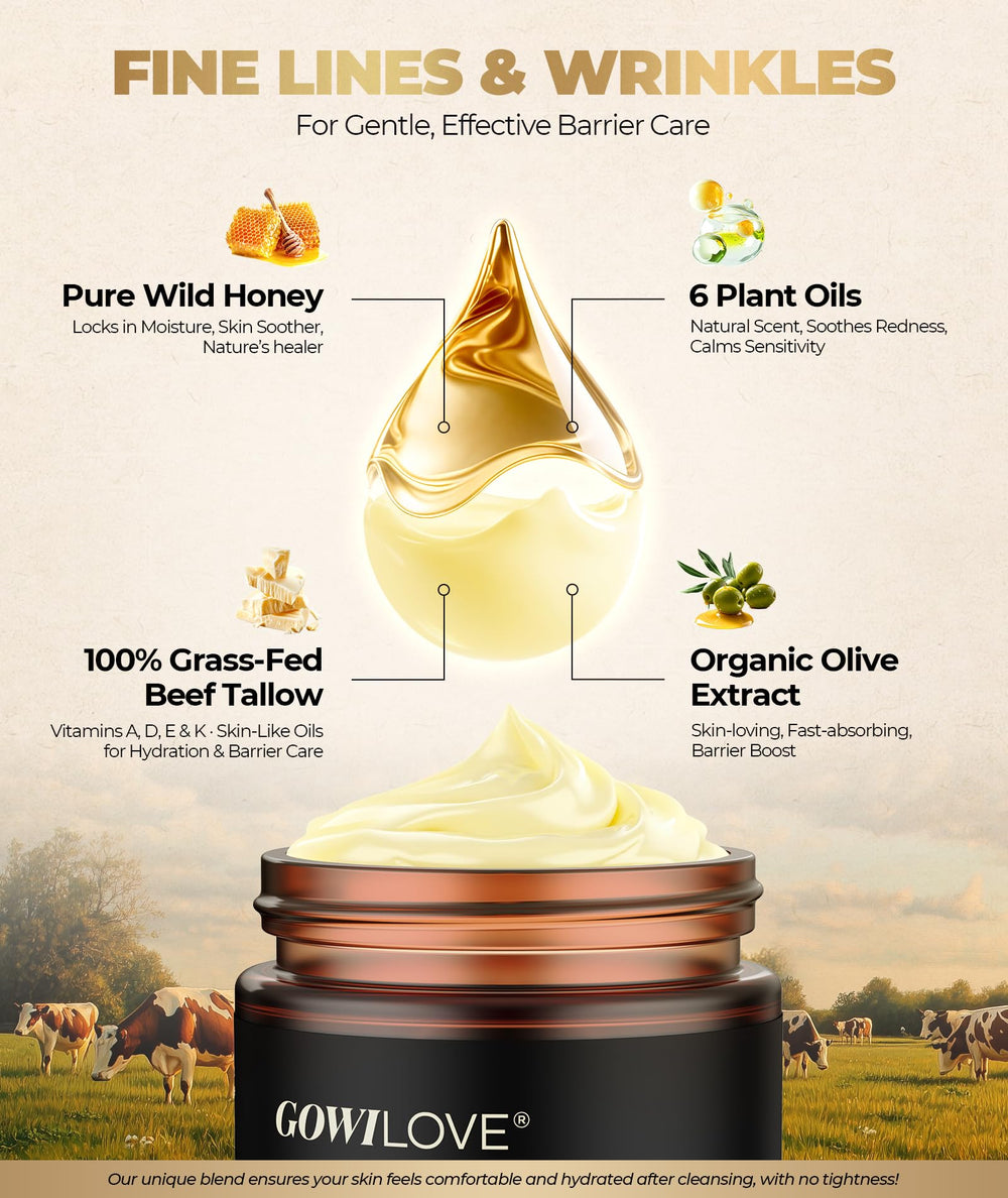 GOWILOVE ingredients display with honey and aloe, emphasizes calming and hydrating benefit