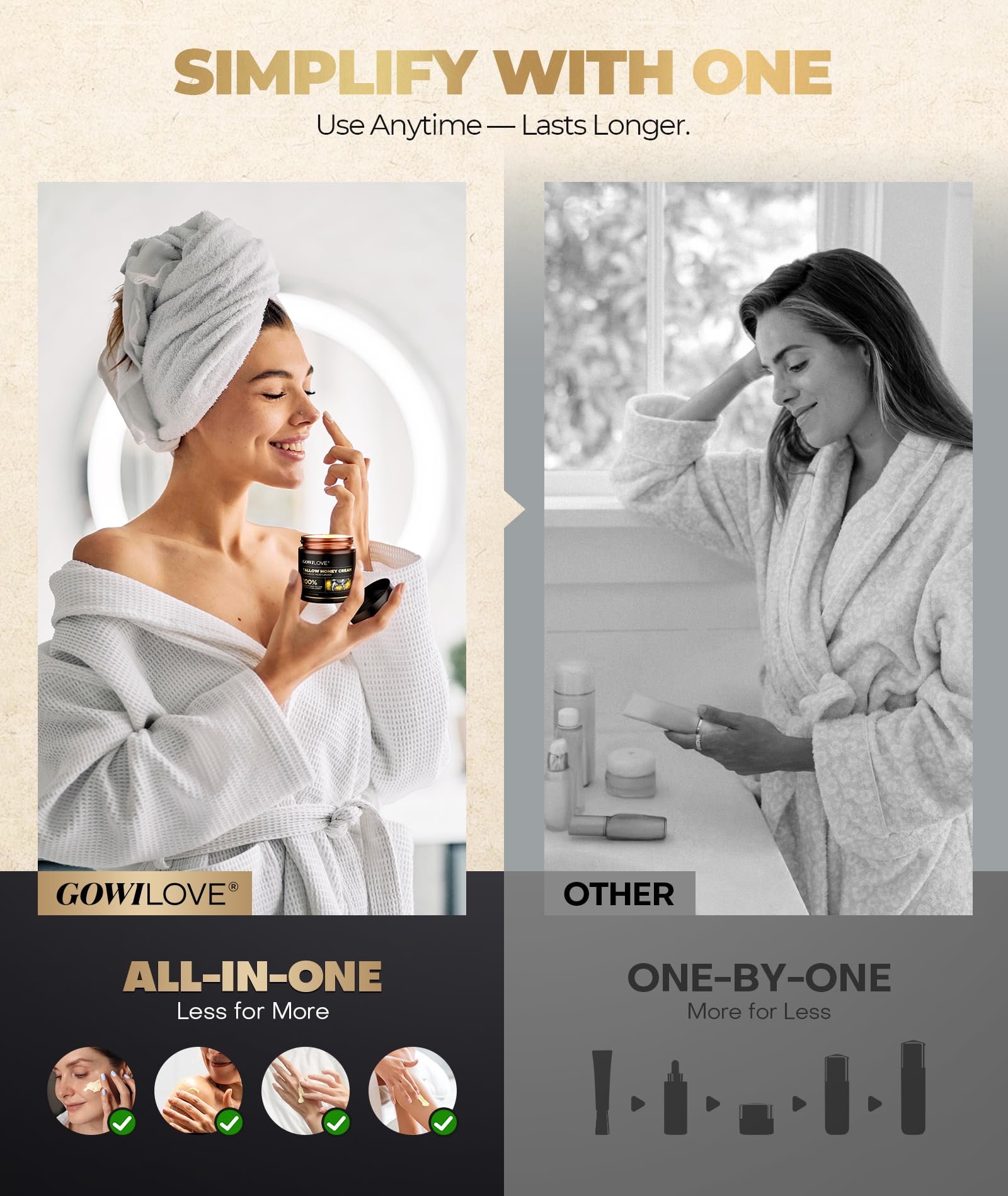 GOWILOVE jar on bathroom shelf for travel use, illustrates convenience and multiuse benefit