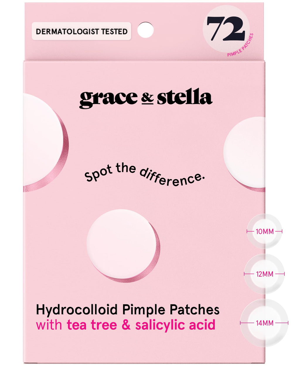grace & stella front packaging showing clear pimple patch box and branding benefits