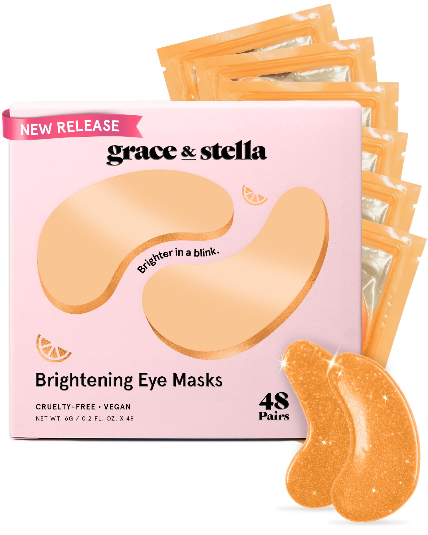 grace & stella front packaging shows 48 pairs and bright orange design for convenience