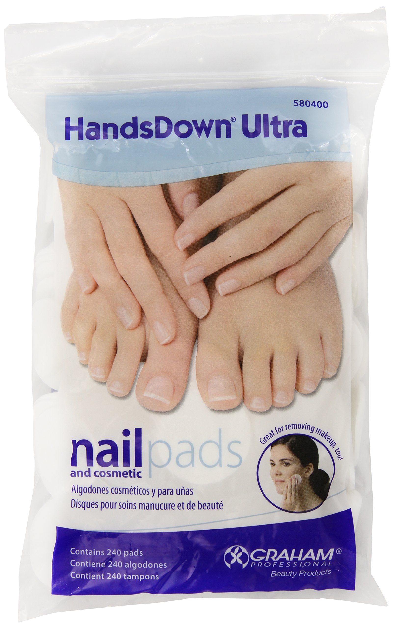 Graham front packaging showing 240 white lint-free pads, convenient storage benefit