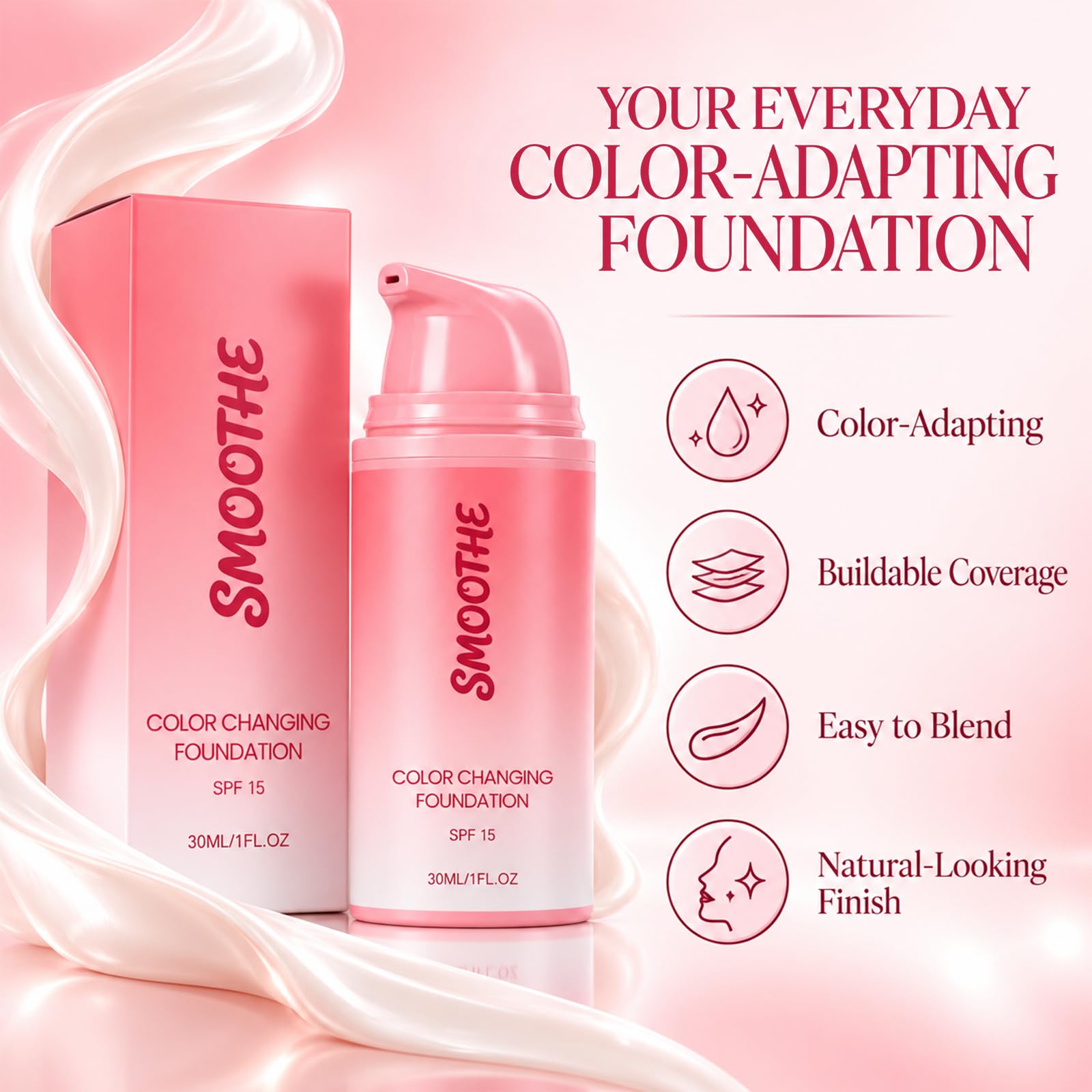 Granado before and after half-face image highlighting smoothing and buildable coverage