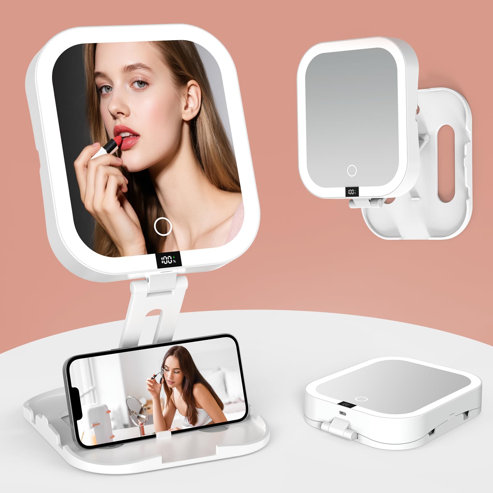 Granarbol front view folded mirror showing compact portability and bright lights
