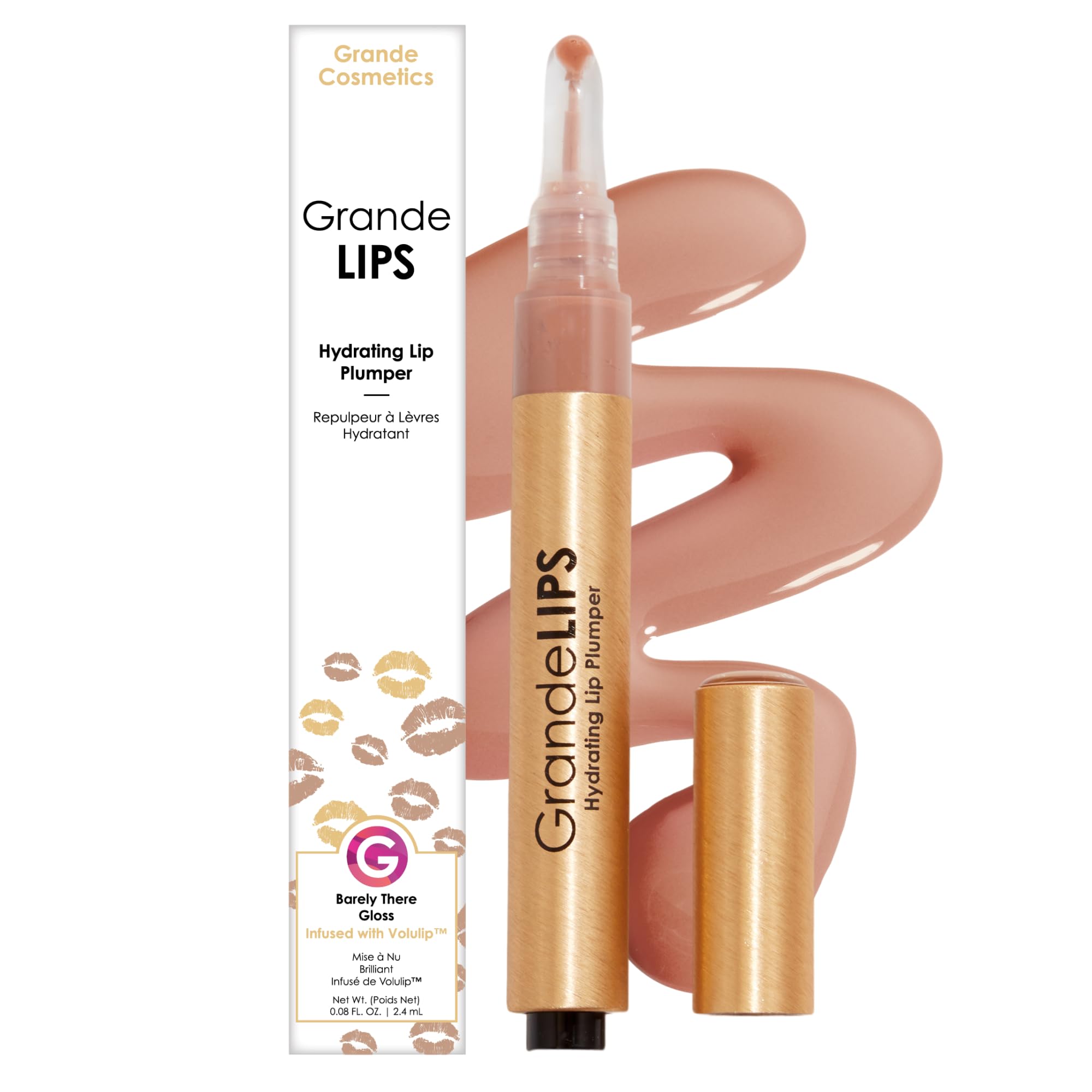 Grande Cosmetics GrandeLIPS front packaging showing sleek tube and shade