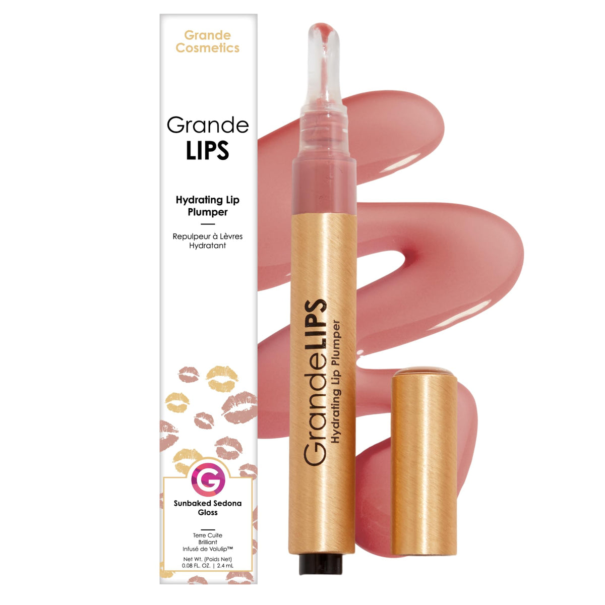 Grande Cosmetics GrandeLIPS front packaging showing glossy Sunbaked Sedona shade and benefit