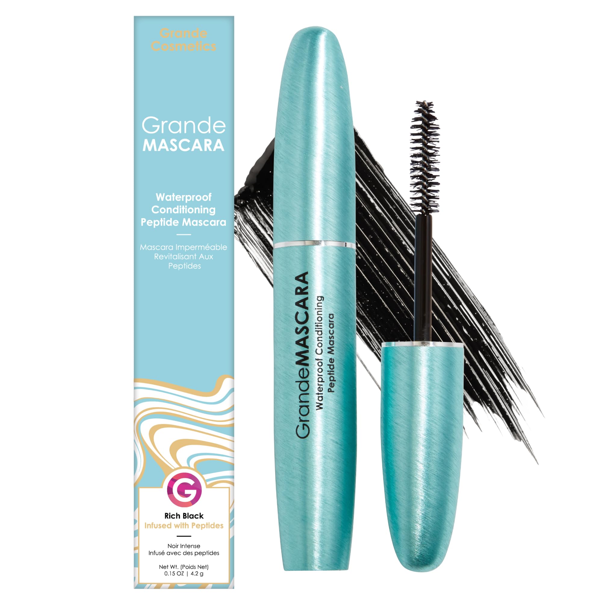 Grande Cosmetics front packaging of GrandeMASCARA waterproof showing product benefit