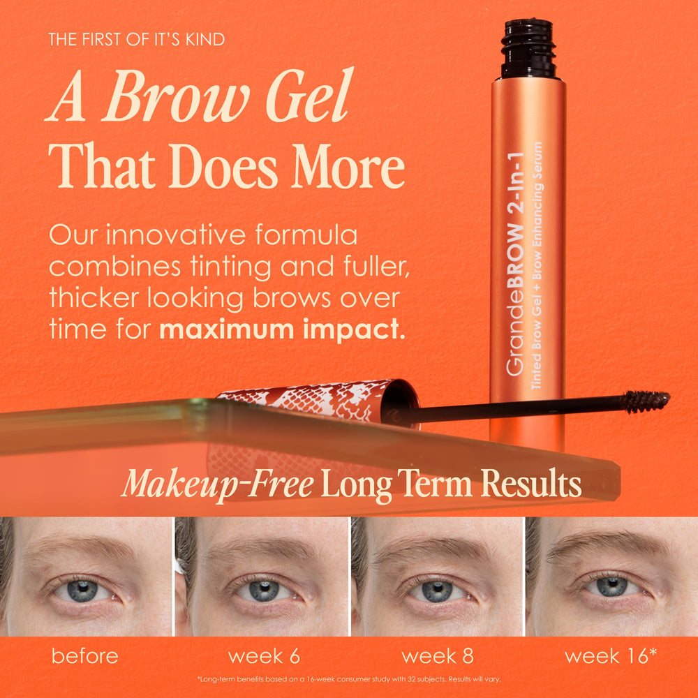 Grande Cosmetics GrandeBROW bottle next to hand showing mini size convenience