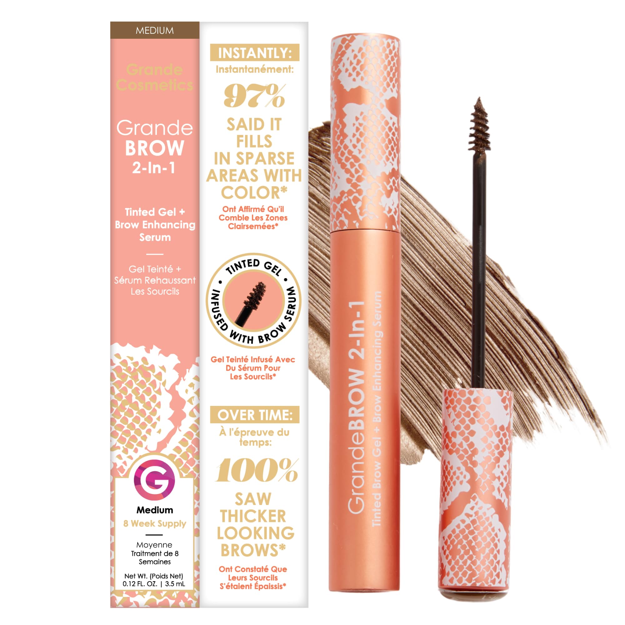 Grande Cosmetics GrandeBROW medium tube front showing label and shade