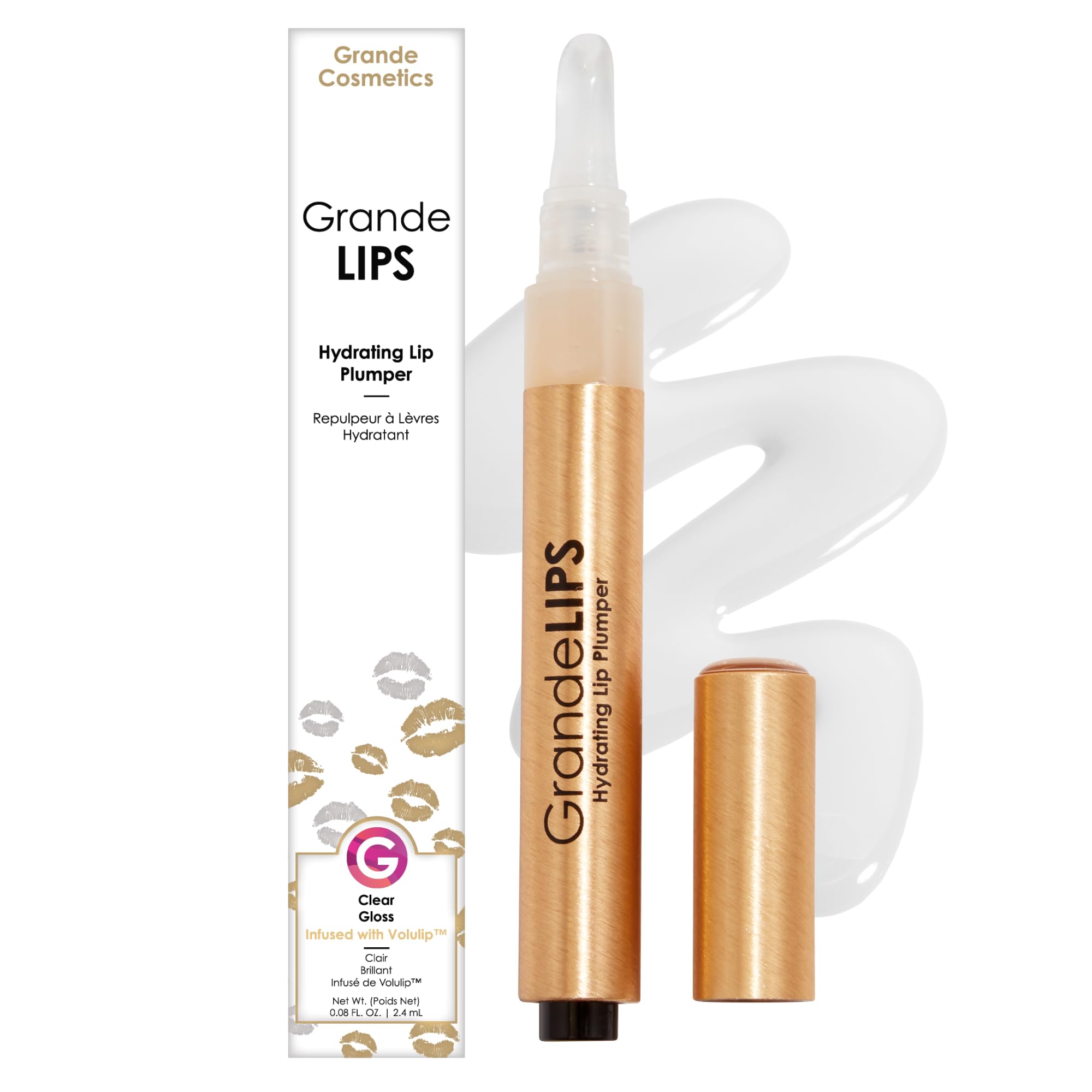 Grande Cosmetics clear gloss front packaging showing sleek tube and label benefit instant shine