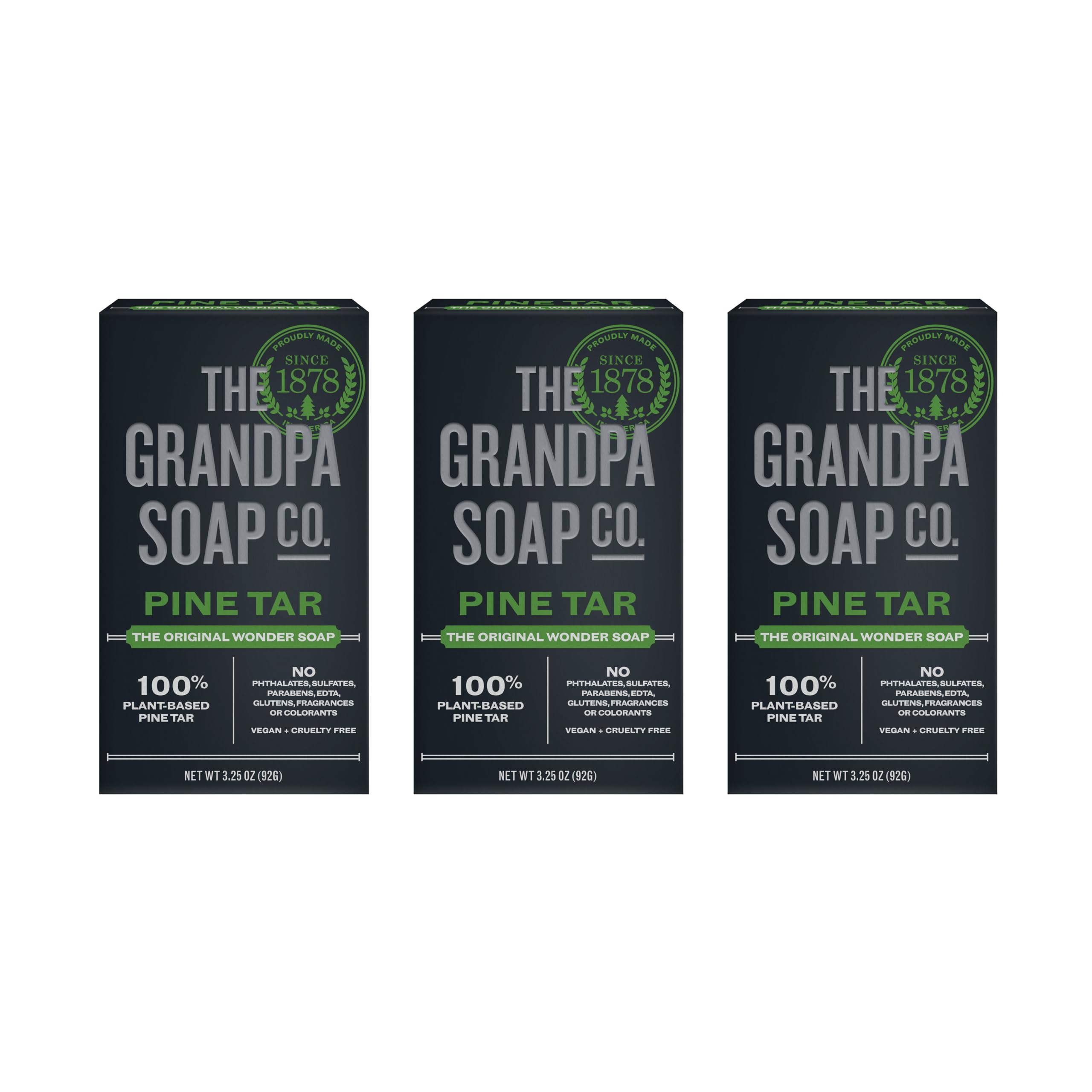 Grandpa's Soap Company pine tar soap three-pack front packaging showing bars and branding benefit: reliable grooming