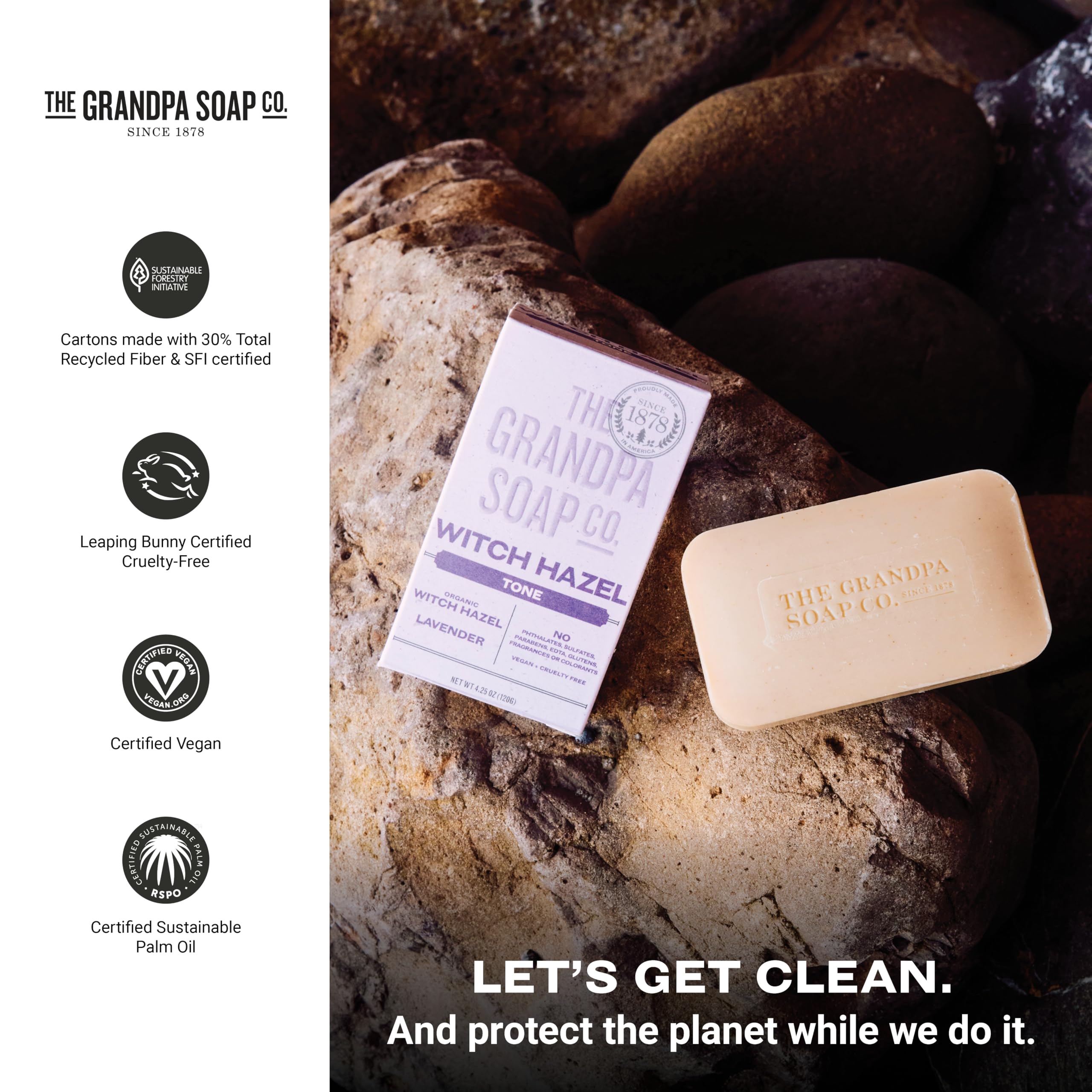 The Grandpa Soap Company bar in a bathroom setting illustrating everyday use convenience