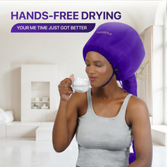 Granteva bonnet in use on curly hair for faster, hands-free drying