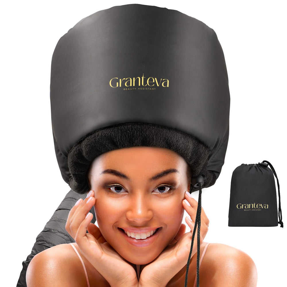 Granteva front view of hooded dryer cap showing full coverage and faster drying benefit