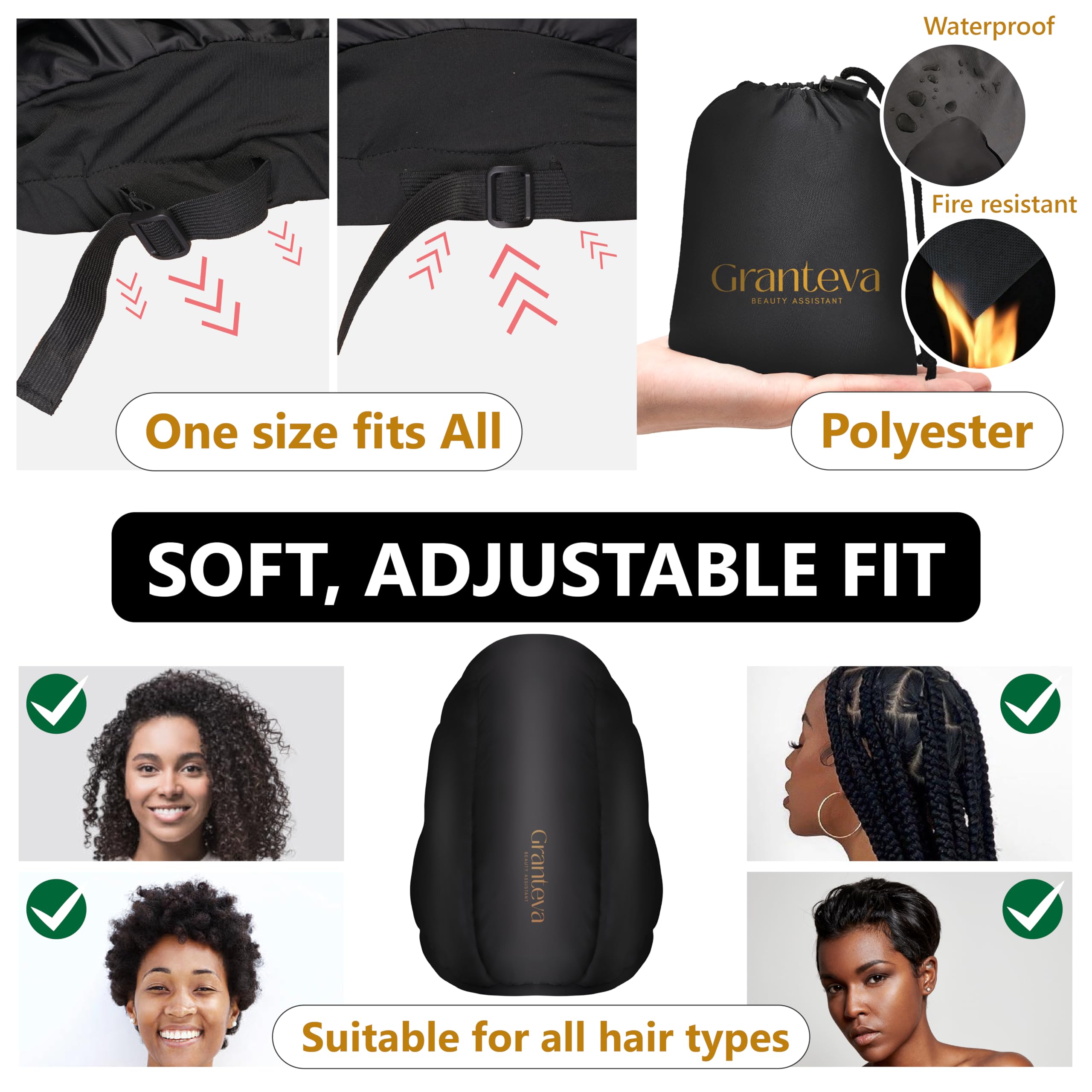 Granteva bonnet in use on long locs for faster, even drying and conditioning