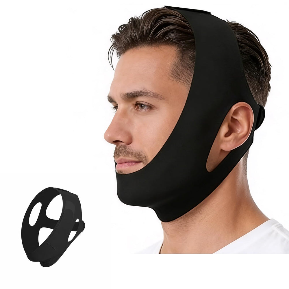GraviGlow front view of black jawline wrap showing product shape and comfort