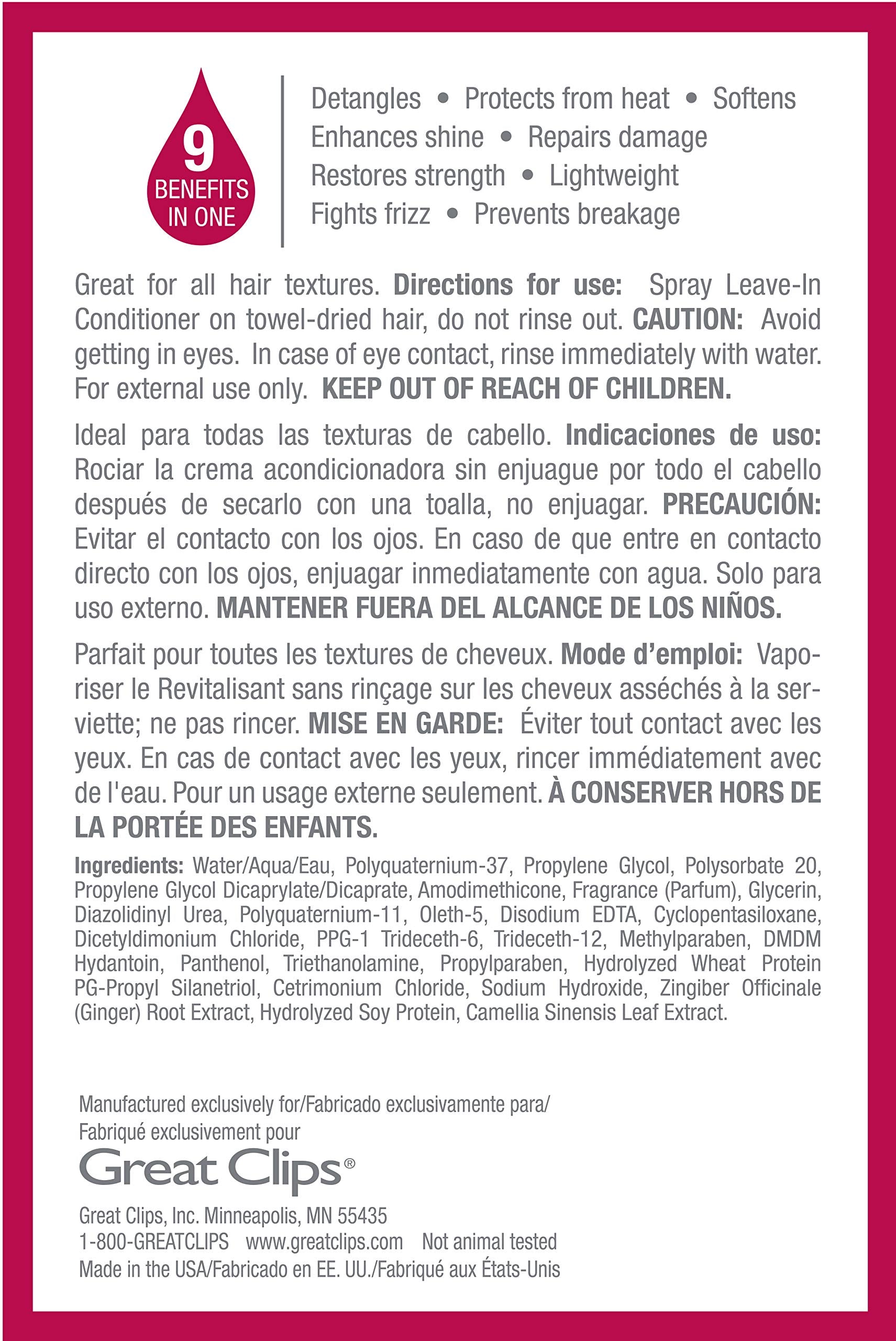 GREAT CLIPS label close-up highlighting ingredients and care benefit