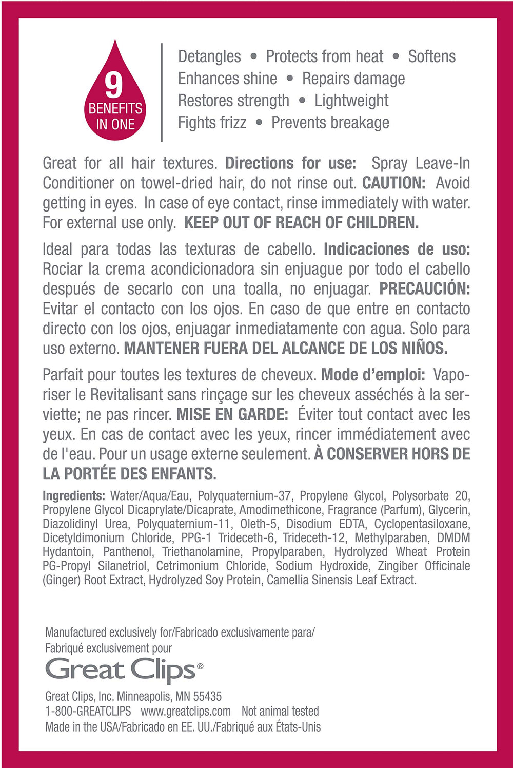 GREAT CLIPS label close-up highlighting ingredients and care benefit