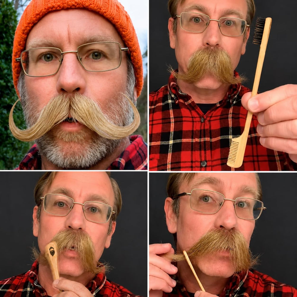 Green Beard Grmng brush and comb used to shape and finish a mustache