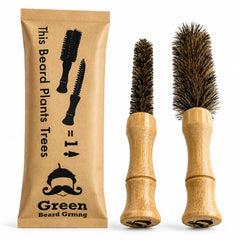 Green Beard Grmng front view of two twisted timber mustache brushes showing compact design and control