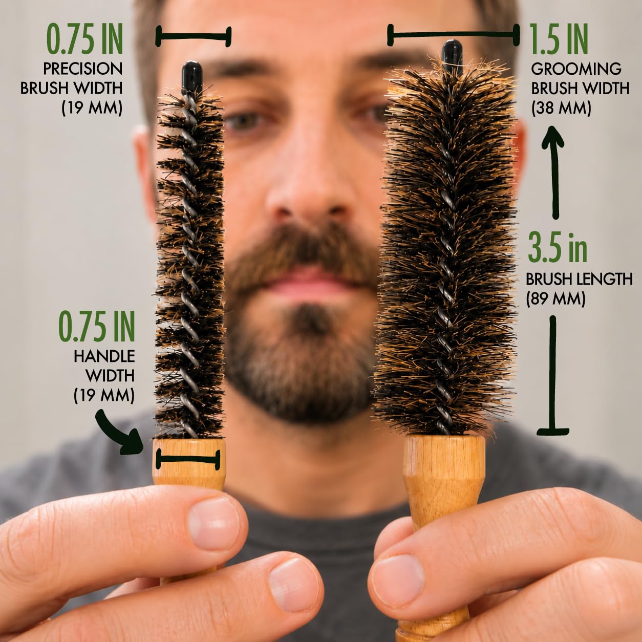 Green Beard Grmng brushes beside a ruler showing size comparison for travel convenience