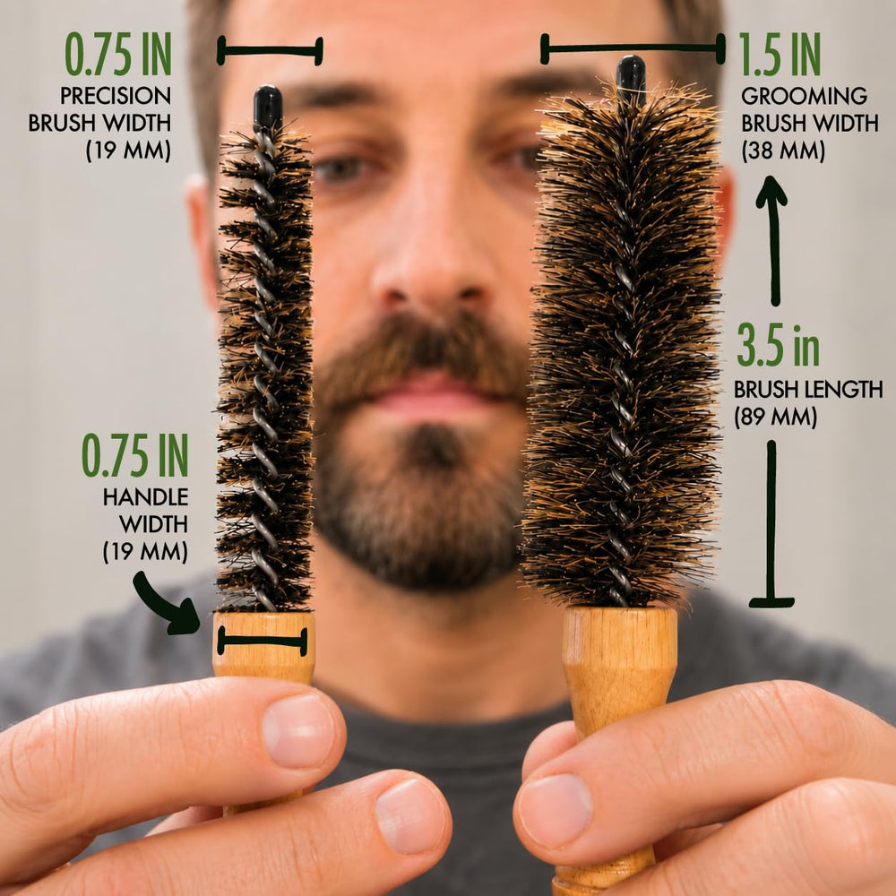 Green Beard Grmng brushes beside a ruler showing size comparison for travel convenience