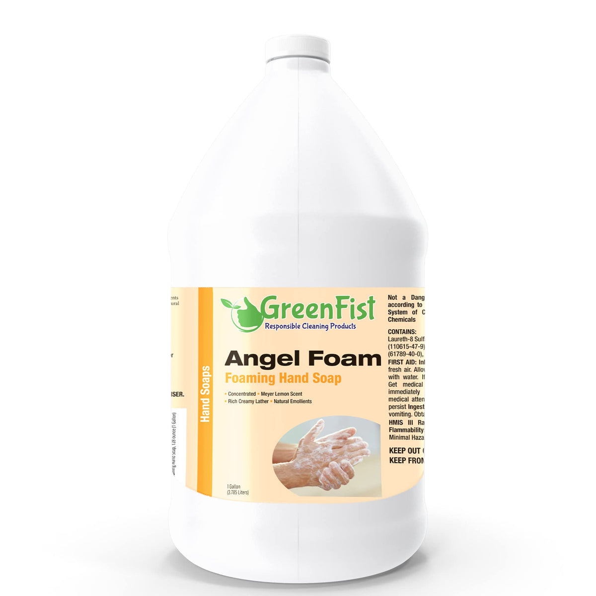 GreenFist front label on 1-gallon jug showing product and lemon scent benefit
