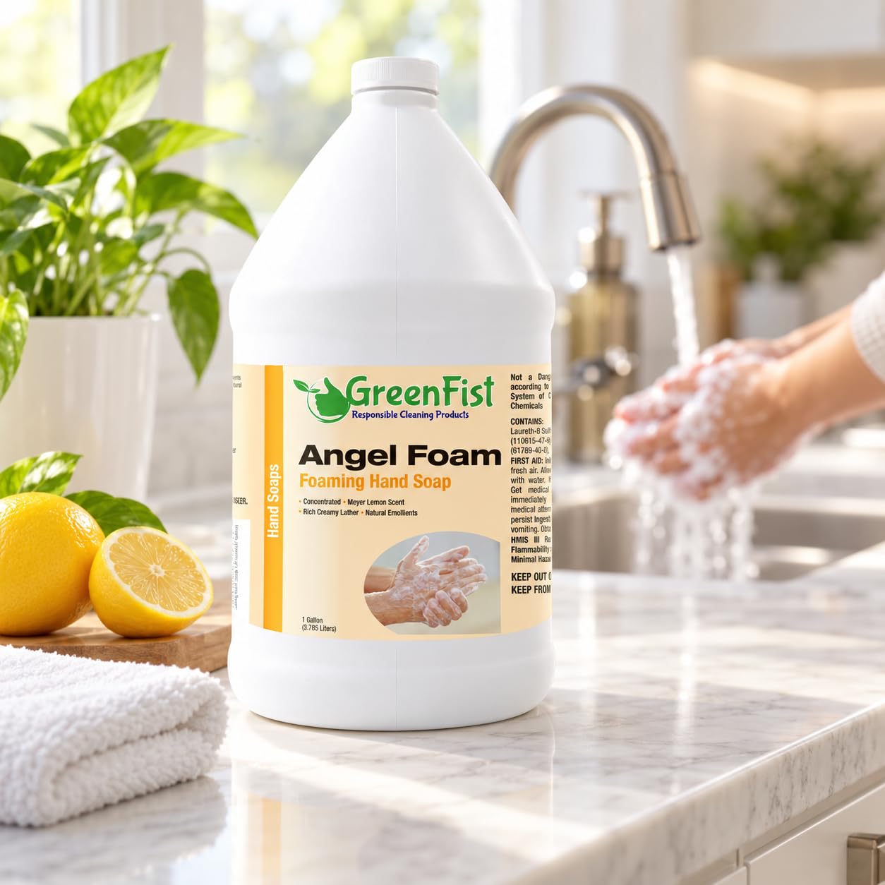 Gallon jug beside a hand for GreenFist size comparison to show long-lasting supply