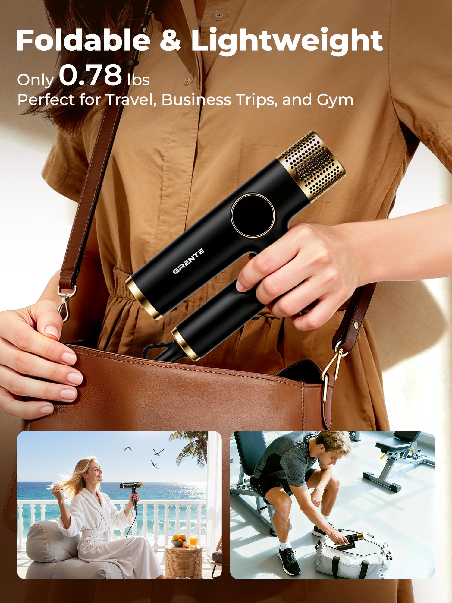 Grente close-up handle and hinges highlighting ergonomic foldability