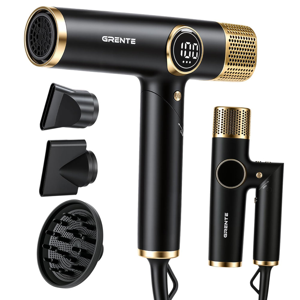 Grente front view folded hair dryer showing compact travel benefit