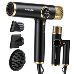 Grente front view folded hair dryer showing compact travel benefit